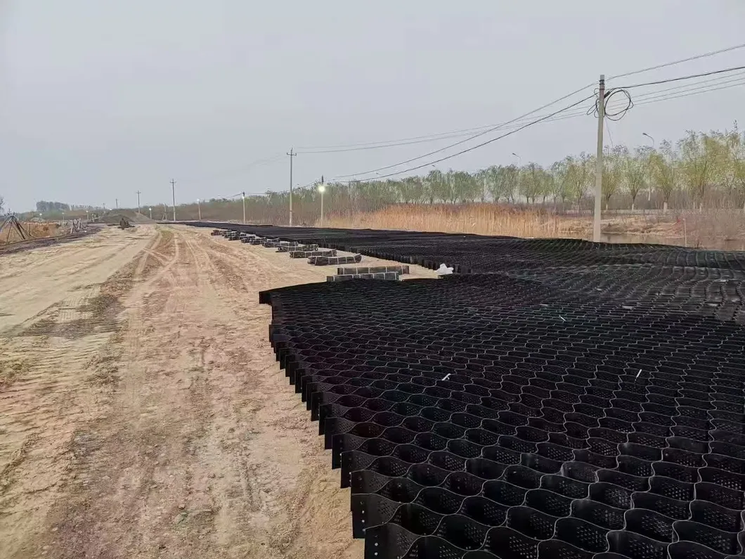 Yüksek bal çekirdeği Siyah HDPE Geocell Güçlendirme Yol için Çakıl Stabilizer Şebeke Destek Duvar Döşeme 0